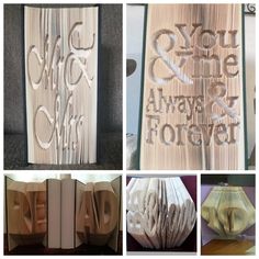 four different types of carved books with the words you are one and always forever written on them