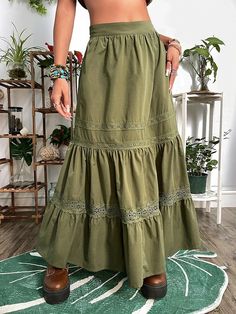 Women High Waist Y2k Long Skirt Solid Color Western Retro Lace Patchwork Summer Pleated Flowy Beach Green Skirt Fall, Y2k Long Skirt, Streetwear Skirt, Army Green Skirt, Beach Maxi Skirt, Grunge Skirt, Skirt Streetwear, Midi Skirt Pattern, Ruffle Hem Skirt