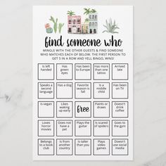 a printable game with the words find someone who is in front of it and an image of a house