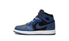 The Air Jordan 1 High OG PS “Dark Marina Blue” is the preschool sizing of Michael Jordan’s first signature shoe in a colorway that mimics the appearance of an original, iconic Jordan 1 style.  The shoe we’re referring to is the Air Jordan 1 “Royal” in black and royal blue, which was originally released by Nike back in 1985.  The “Dark Marina Blue” appears in a similar blue hue, and with a slightly altered color block in comparison to the original “Royal. ” The black leather base contrasts the Da Blue Air Jordan 1, Jordan 1 Royal, Blue Jordans, Black Jordans, Marina Blue, Jordan 1 High Og, Air Jordan 1 Retro High Og, Black Wings, Air Jordan 1 Retro High