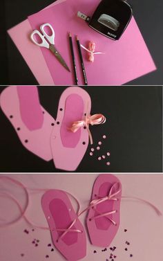 pink paper cut outs with scissors and confetti