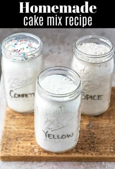 three mason jars filled with white powder and sprinkles on a cutting board