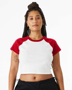 Ladies' Micro Ribbed Raglan Baby Tee - WHITE / RED - 2XL | Bella + Canvas Women's Micro Ribbed Raglan Baby Top in White/Red Size 2XL | Cotton/Polyester Blend Youth Clothing, Black And White Baby, Baby Top, Crop Top Hoodie, Crop Top Outfits, Raglan Tee, Made Clothing, Baby Tee, Wholesale Clothing