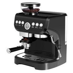 an espresso machine is shown with coffee beans