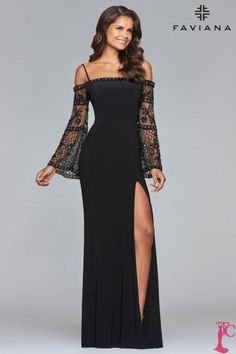 Faviana | Prom Dresses Beaded Bell, Long Jersey Dress, Faviana Prom Dresses, Jersey Evening Dress, Faviana Dresses, Fitted Gown, Black Evening Gown, Mob Dresses