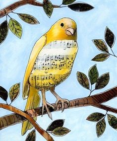 a yellow bird sitting on top of a tree branch with music notes in its beak