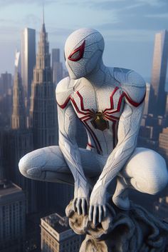 a spider man sitting on top of a building