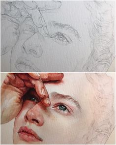 two pictures of the same woman's face with different colored pencils on them