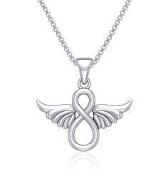 Jewelry Trends Trinity Knot Angel Wing Sterling Silver Pendant Necklace 18" - Crafted from .925 Sterling Silver, this beautiful Infinity Angel Wing pendant with 18" Box Chain Necklace will remind you of your everlasting faith and hope for a positive future. The body of the Angel is displayed as an Infinity Knot Symbol with outstretched wings flanking each side of the Infinity Knot. This Pendant makes a thoughtful gift for a friend or family member going through a trying time, or someone in need Symbolic Sterling Silver Charm Necklace For Anniversary, Symbolic Sterling Silver Charm Necklaces For Anniversary, Spiritual Sterling Silver Jewelry, Sterling Silver Infinity Necklace Engraved, Infinity Sterling Silver Engraved Necklace, Engraved Sterling Silver Infinity Necklace, Silver Spiritual Necklace With Hallmark, Symbolic Silver Necklace For Mother's Day, Symbolic Sterling Silver Charm Necklaces For Mother's Day