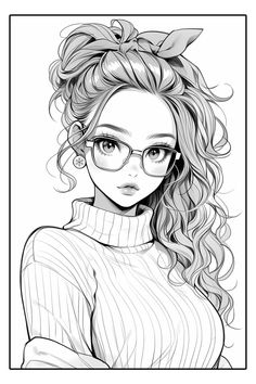 a drawing of a woman wearing glasses and a sweater with her hair pulled up in a bun