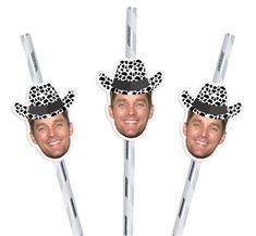 three stickers with the faces of two men wearing hats and holding sticks in their hands