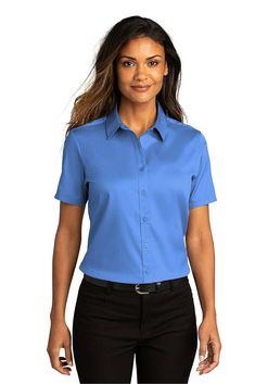 Port Authority ® Ladies Short Sleeve SuperPro ™ React ™ Twill Shirt - ULTRAMARINE BLUE - L | Port Authority Women's Short Sleeve SuperPro React Twill Shirt in Ultramarine Blue Size Large | Cotton/Polyester Blend Office Shirt, Port Authority, Twill Shirt, Ladies Short, Work Wear Women, Dress Shirts For Women, Woven Dress, Work Shirts, Polished Look