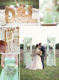 a collage of photos with green and white wedding colors, including the bride and groom