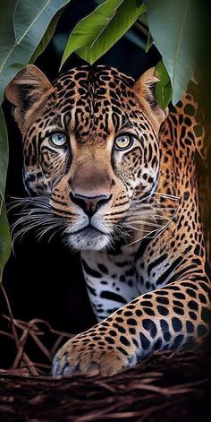 a close up of a leopard near some leaves