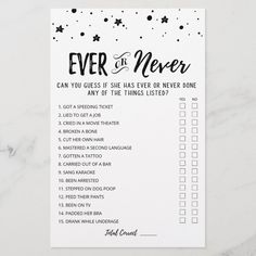 a black and white checklist with the words ever in never written on it