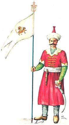 an illustration of a man holding a flag and wearing a red outfit with a lion on it