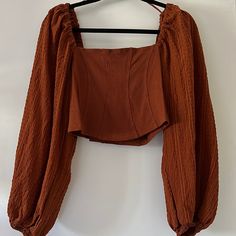 Brand New Crop With Long Air Over Sized Sleeves. Perfect With Any Denim Or Black Leather Skirts, Or Even Shorts For The Summer, Super Versatile & Great Quality Chic Urban Outfitters Crop Top For Day Out, Urban Outfitters Brown Crop Top For Spring, Chic Fall Crop Top From Urban Outfitters, Chic Urban Outfitters Crop Top For Fall, Striped Halter Top, Cutout Crop Top, Urban Outfitters Top, Satin Crop Top, Leather Skirts