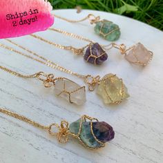 Natural raw healing crystal one of a kind stone necklace; Gold metal wire wrapped, available in amethyst, green aventurine, clear quartz, rose quartz, rainbow fluorite and citrine stones. Nickel free. Prefer your necklace with the sarcastic healing properties? Order that here --> https://www.etsy.com/listing/995355996 D E T A I L S: - Stones are approximately 1-2 inches in length & width - Chain: 18in, gold plated- nickel free - Includes guide on charging crystals & tips for caring fo Luxury Wire Wrapped Healing Jewelry, Adjustable Wire Wrapped Crystal Necklace, Rose Quartz Wire Wrapped Necklace As Gift, Wire Wrapped Rose Quartz Necklace Gift, Gift Rose Quartz Wire Wrapped Necklace, Green Hand Wrapped Crystal Necklace Gift, Green Hand Wrapped Crystal Necklace For Gift, Green Mineral Crystal Necklace As A Gift, Green Mineral Crystal Necklace For Gift