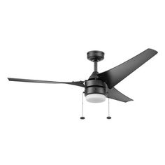 a black ceiling fan with a light on the top and two blades attached to it