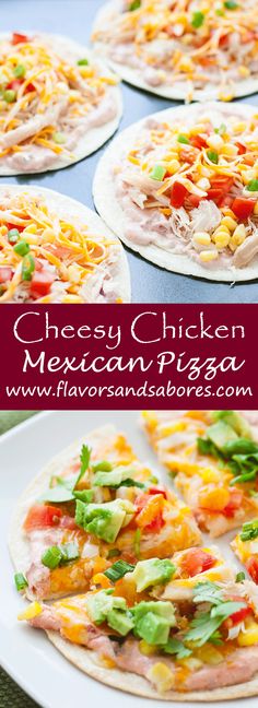 several mexican pizzas with cheese, chicken and vegetables on them sitting on a white plate