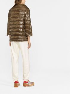 high-neck puffer jacket from HERNO featuring green, cotton blend, metallic effect, down-feather filling, quilted panels, high neck, three-quarter length sleeves and front press-stud fastening. | Herno High-Neck Puffer Jacket Luxury Quilted Jacket With Ribbed Cuffs For Fall, Luxury Brown Down Puffer Jacket, Panel Quilts, Green Jacket, Green Cotton, Puffer Jacket, White Jeans, High Neck, Puffer