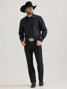 Wrangler Johnny Men's Black Dress Snap Up 100% Polyester Fit: Slim Sleeve Length: Long Front Closure: Snaps Collar: Spread All Black Groomsmen Attire Cowboy, All Black Cowboy Outfit For Men, Western Wedding Outfits Guest Men, Black Cowboy Outfit Men, Formal Western Wear For Men, Cowboy Formal Wear Men, Hoco Dance, Dress Snap, Short Uggs