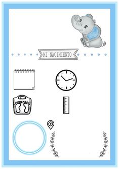 a blue and white poster with an elephant on it's back side, surrounded by other items