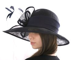 Derby style hat Navy wide-brim hat Kentucky derby hat Chic Cloche Hat For Garden Party, Royal Ascot Wide Brim Cloche Hat, Chic Flat Brim Top Hat For Kentucky Derby, Chic Cloche Hat With Curved Brim For Garden Party, Chic Wide Brim Cloche Hat For Garden Party, Chic Brimmed Hat For Garden Party, Chic Wide Brim Hat For Garden Party, Elegant Summer Top Hat With Flat Brim, Chic Curved Brim Hat For Kentucky Derby