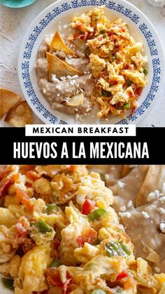 mexican breakfast with scrambled eggs and vegetables on the side is shown in this collage