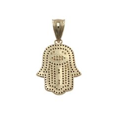 Step into a realm of spiritual elegance with the 10k Yellow Gold Hamsa Pendant adorned with white gemstones. This finely crafted piece boasts a pendant length of 17.5mm and a width of 31mm, perfectly balancing size and subtlety. The Hamsa style adds a touch of ancient mystique to contemporary charm. Cast in lustrous yellow gold of 10k purity, the pendant carries a weight of 3.1g, making it a delightful accessory for any occasion. Let the delicate shimmer of the white gemstones inspire a sense of Symbolic Diamond Jewelry With Gemstones, Diamond White Jewelry With Pendant Charms, Symbolic Diamond Charms Jewelry, Spiritual White Gold Pendant Jewelry, Spiritual Yellow Gold Jewelry With Stone Setting, White Diamond Spiritual Jewelry, Spiritual White Diamond Jewelry, Spiritual Round Jewelry With Diamond Accents, 14k Gold Fine Jewelry With Stone Setting