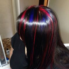 Colourful Streaks Hair, Different Colored Highlights, Blue And Red Highlights In Black Hair, Red And Blue Highlights In Brown Hair, Peppermint Hair Color, Multi Dyed Hair, Red And Blue Streaks In Hair, Blue And Pink Highlights In Black Hair, Y2k Hair Color Curly