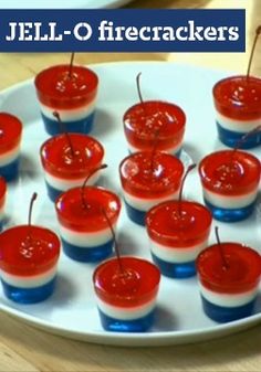 a white plate topped with red, white and blue jell - o'firecrackers