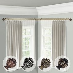 three different types of curtains hanging in front of two windows with the same curtain rod