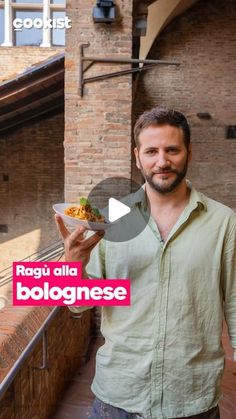 a man holding a plate of food in front of his face and the words ragu alla bolognaese on it