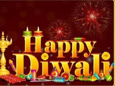 happy diwali greeting card with colorful lights and fireworks in the sky behind it