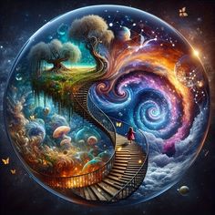 a spiral staircase leading up to the sky with stars and planets in it, as well as an image of a tree