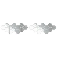 three hexagonal mirrors on a white wall, each with different shapes and sizes