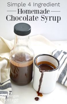 homemade chocolate syrup in a glass bottle next to a white mug and striped towel with text overlay that reads simple 4 ingredient homemade chocolate syrup