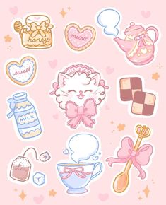 some stickers that are on a pink background with hearts and other things in it