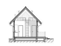 a drawing of a small house with stairs to the upper floor and second story above it