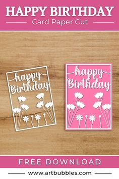 two cards with the words happy birthday card paper cut on them, and an image of flowers