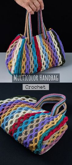 the crochet handbag is made with multicolored yarn and has a long handle