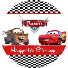 a round sticker with cars and checkered background