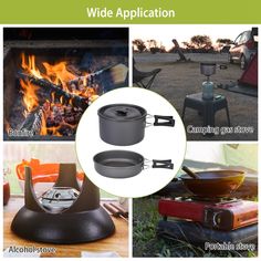 an advertisement for camping stoves with pictures of different types of cooking pots and pans