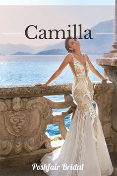 a woman in a wedding dress leaning on a wall with the words camilia above her