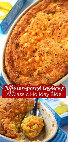 a casserole dish is shown with a serving spoon in it and the words, lily cornbread casserole classic holiday side