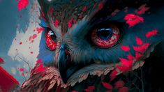 an owl with red eyes is surrounded by leaves