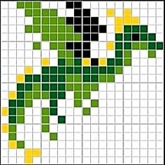 a cross stitch pattern with green, yellow and black squares in the shape of a lizard