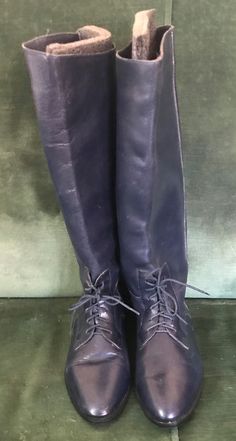 "Vintage Marc Alpert navy blue leather knee high flat boots Lace up accent Size 6M 14.25\" shaft height 14\" shaft opening Some minor scuffs on the leather. Soles & heels in excellent condition. The \"white\" areas are due to light reflection" Knee High Flat Boots, High Flat Boots, Tan Knee High Boots, Blue Leather Boots, Soft Leather Boots, Riding Boots Fashion, Knee High Boots Flat, Tall Leather Boots, Pointed Toe Boots