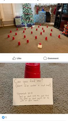 two pictures with red cups on the floor and one has a note attached to it